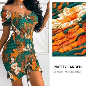 🆕️ PRETTY GARDEN Green Floral Off The Shoulder Bodycon Smocked Dress SIZE: S